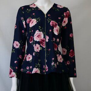 Wishful Park Blouse Med. Roses 1/2 zip floral tunic Shabby Chic Granny Cottage